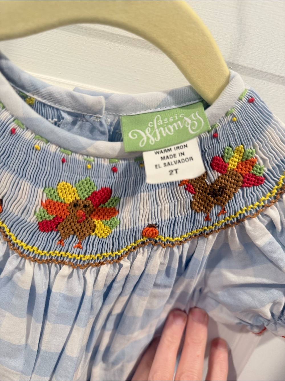 Smocked Thanksgiving Light Blue Gingham Girls' Dress 2T / holiday - Picture 3 of 6